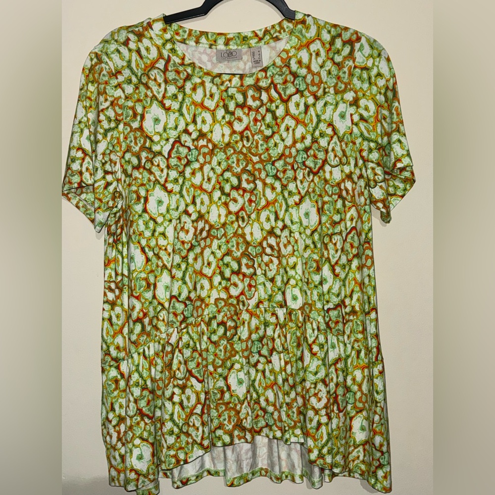 LOGO by Lori Goldstein Green Brown Abstract Floral Peplum top